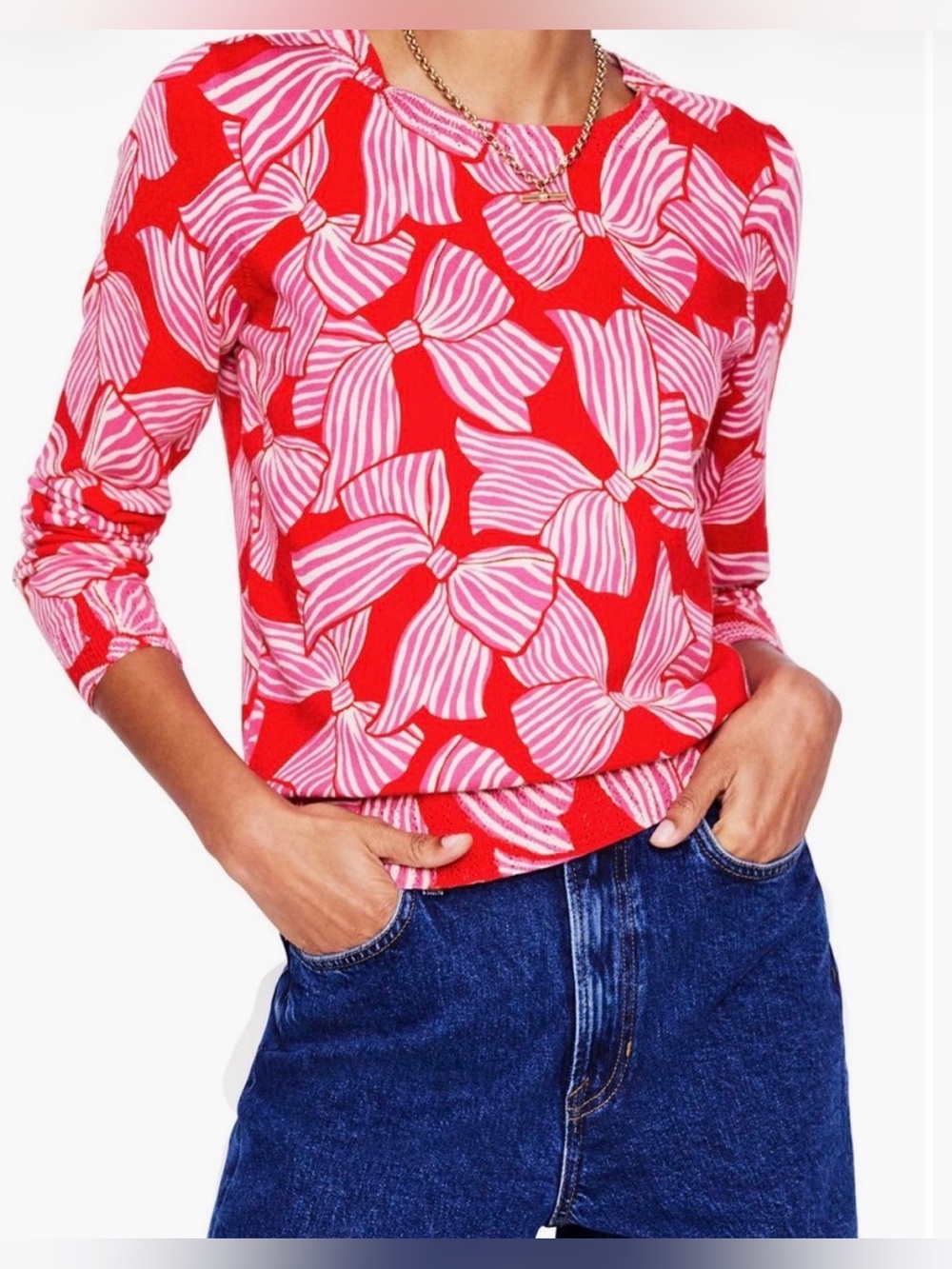Boden Emilia pink red bow print knit top size Medium